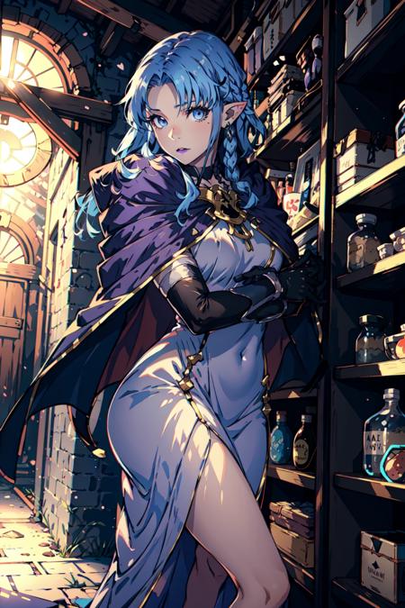 00436-1744336933-, _MedeaRobe, 1girl, solo, long hair, looking at viewer, blue eyes, gloves, dress, blue hair, braid, pointy ears, cape, makeup,.png